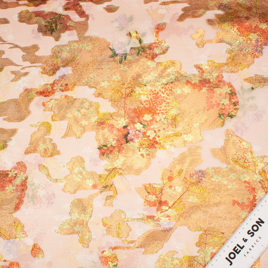 Long Jet Floral Printed Orange Metallic Silk Organza