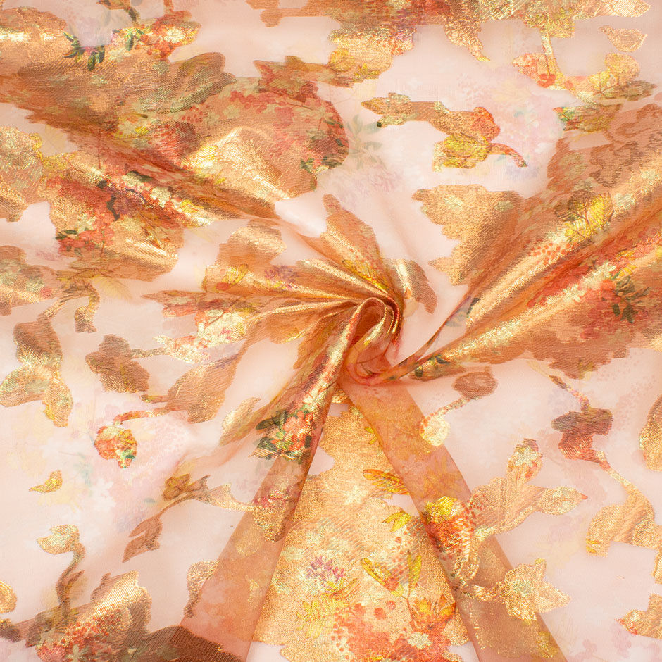 Long Jet Floral Printed Orange Metallic Silk Organza