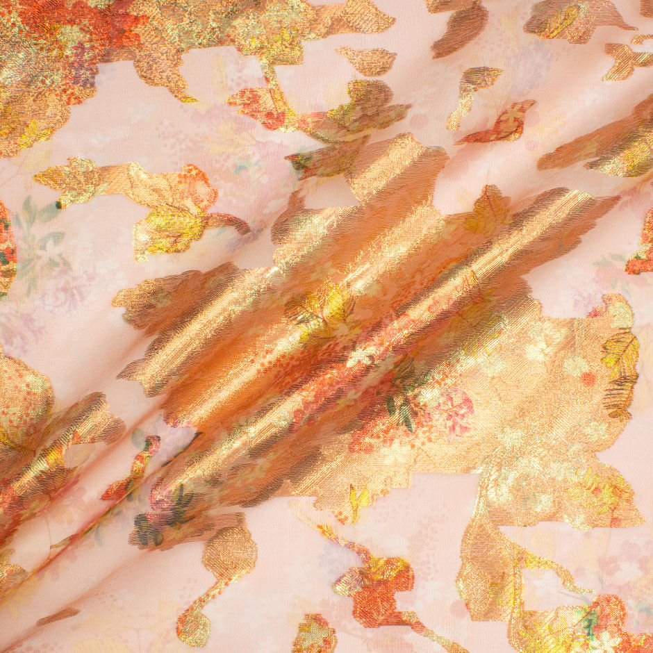 Long Jet Floral Printed Orange Metallic Silk Organza