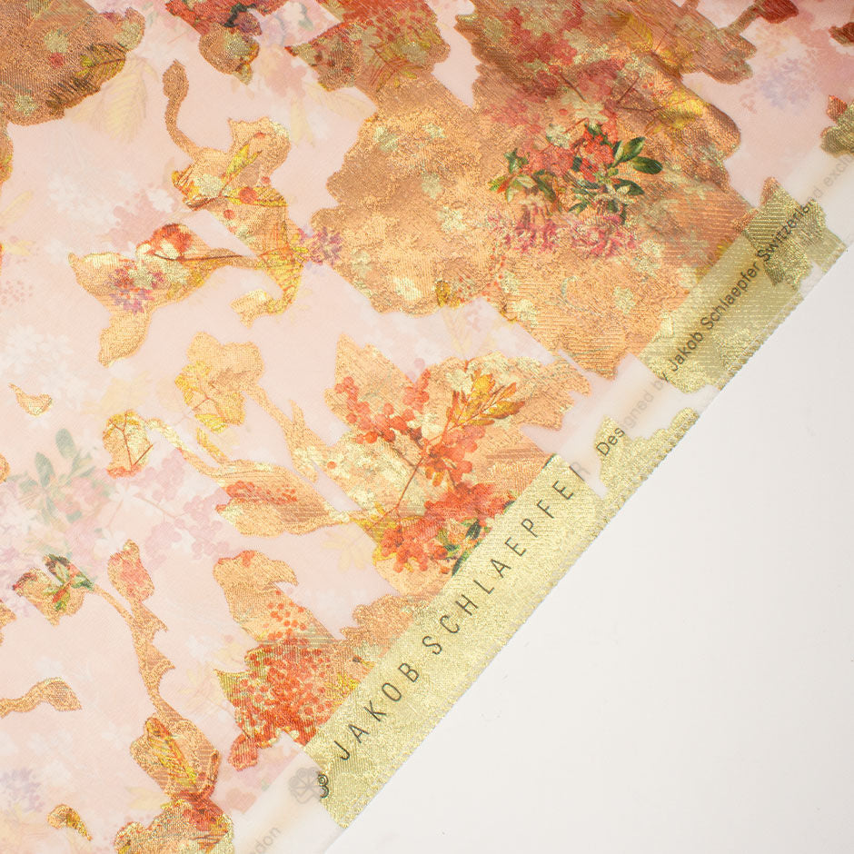 Long Jet Floral Printed Orange Metallic Silk Organza