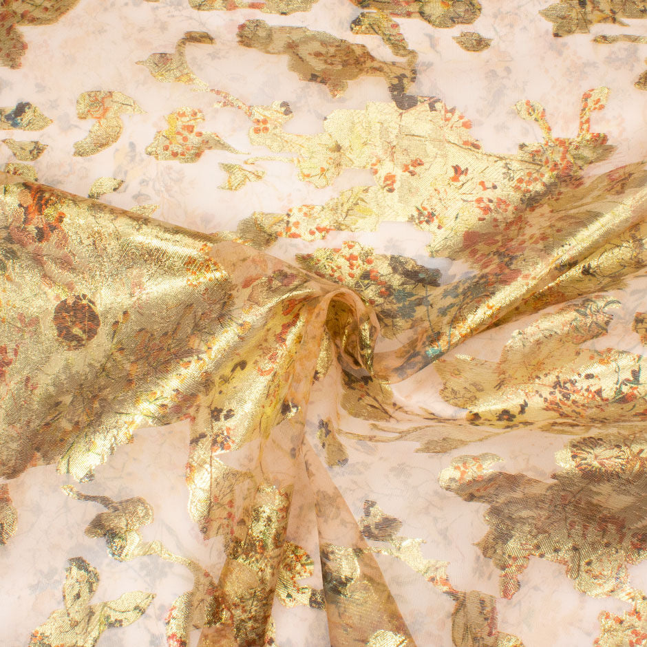 Orange Floral Printed Bright Gold Metallic Organza