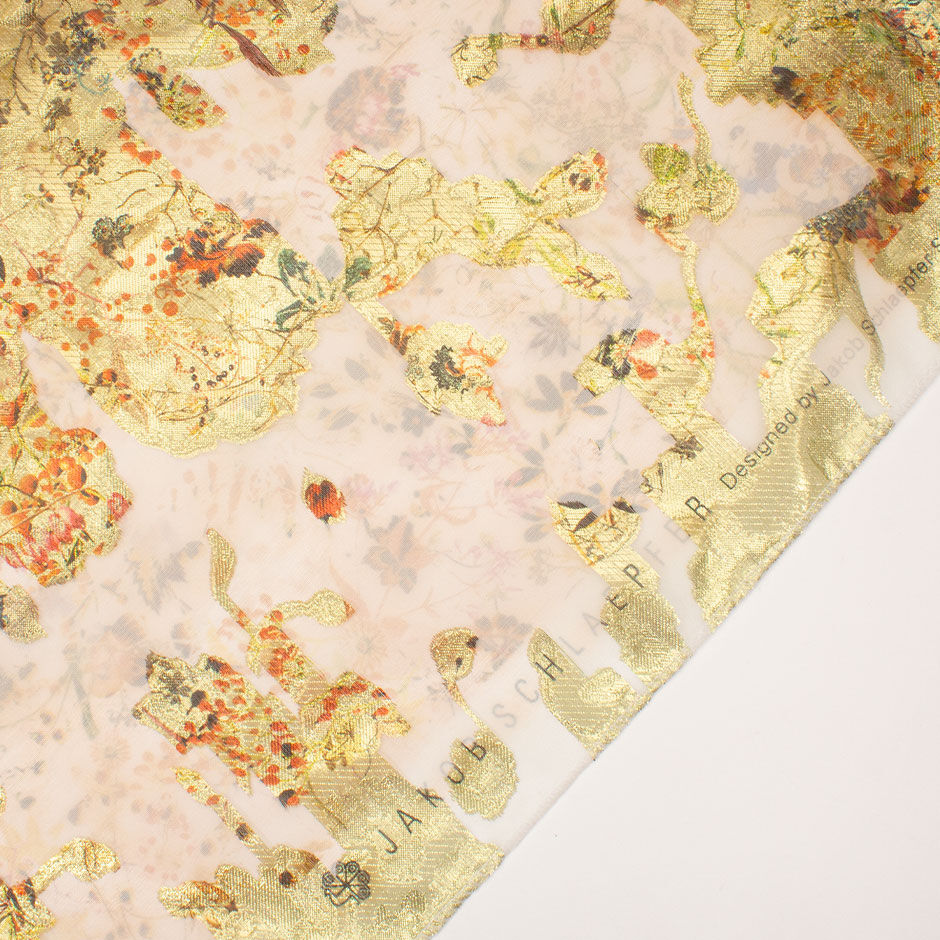 Orange Floral Printed Bright Gold Metallic Organza
