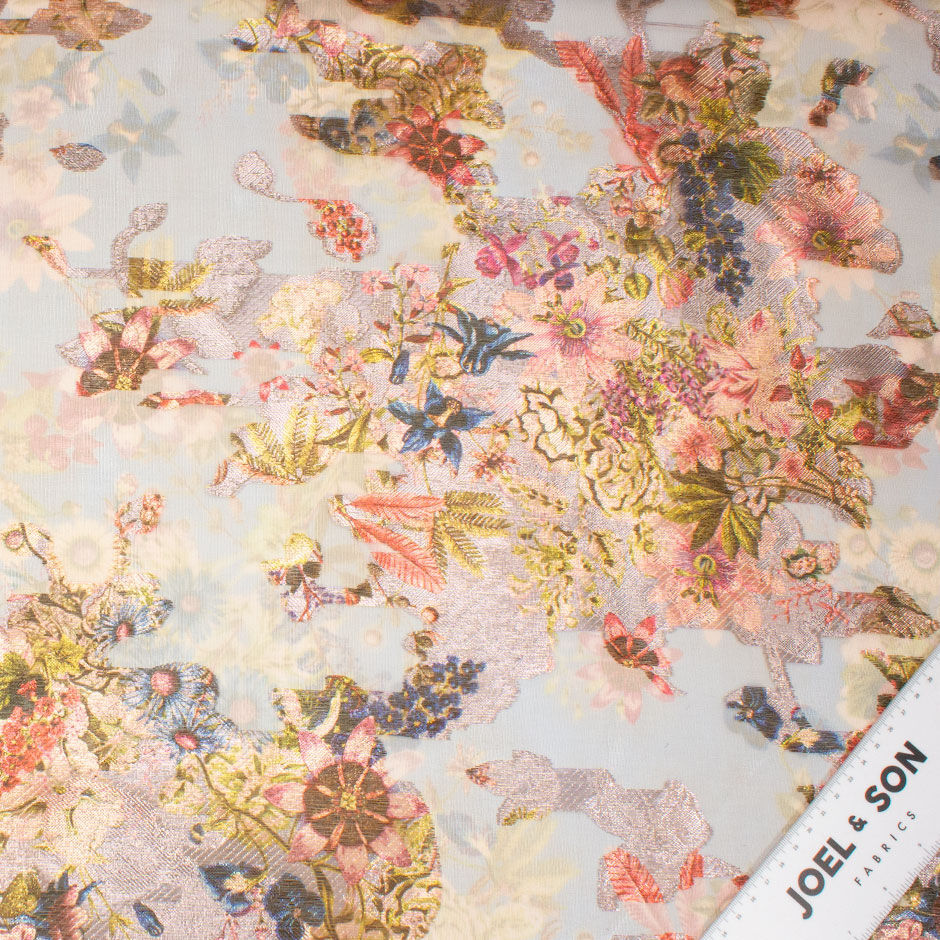 Multi-Coloured Long Jet Printed Metallic Silk Organza