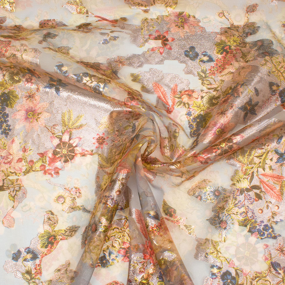Multi-Coloured Long Jet Printed Metallic Silk Organza