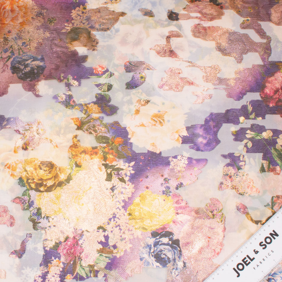 Floral Long Jet Printed Pink & Purple Metallic Silk Organza