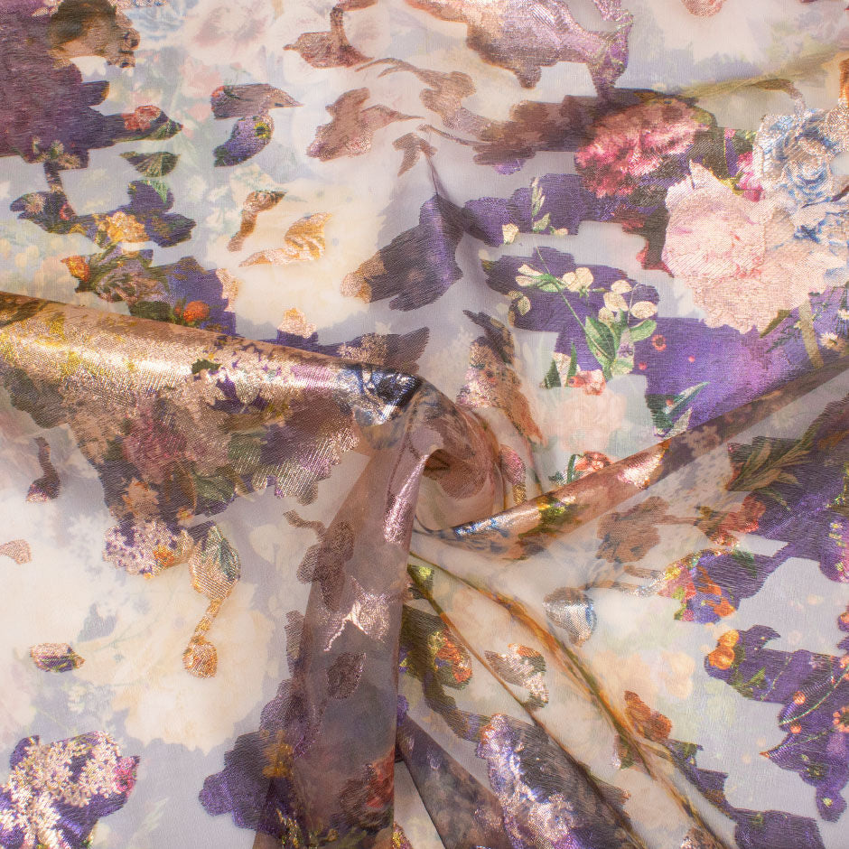 Floral Long Jet Printed Pink & Purple Metallic Silk Organza