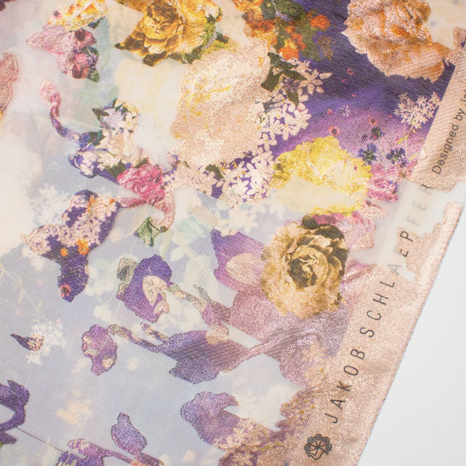 Floral Long Jet Printed Pink & Purple Metallic Silk Organza