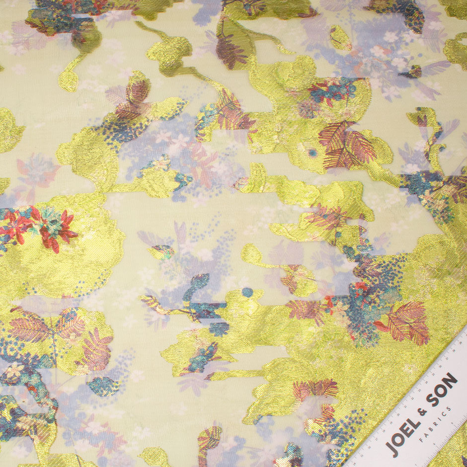 Long Jet Printed Floral & Lime Green Metallic Silk Organza