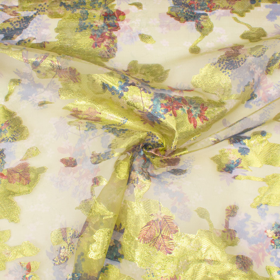 Long Jet Printed Floral & Lime Green Metallic Silk Organza