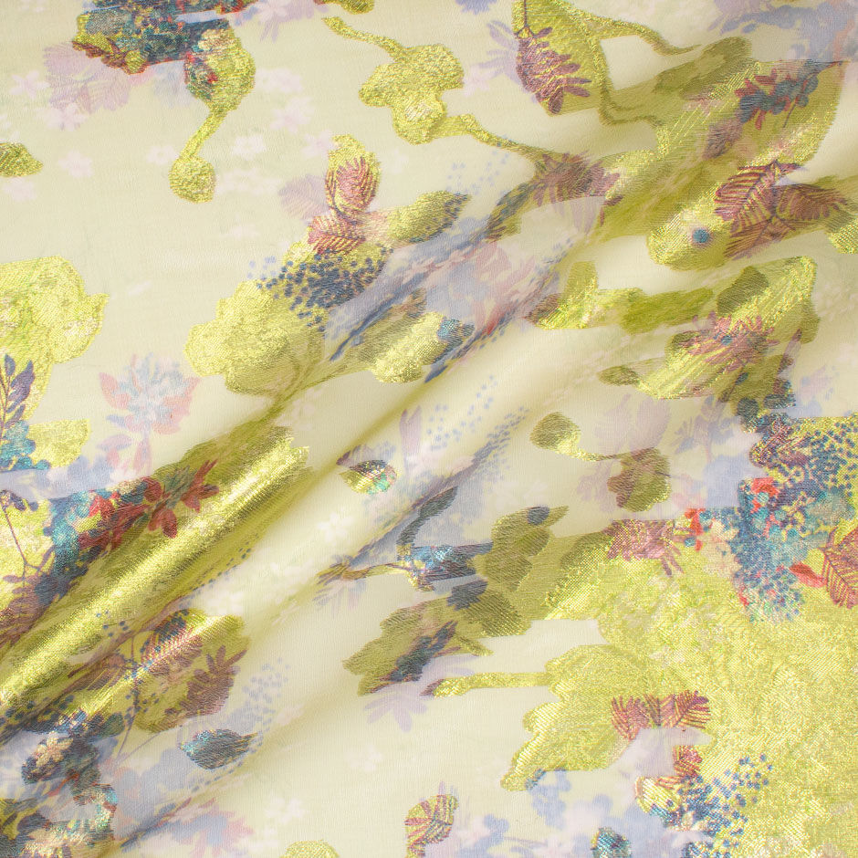 Long Jet Printed Floral & Lime Green Metallic Silk Organza