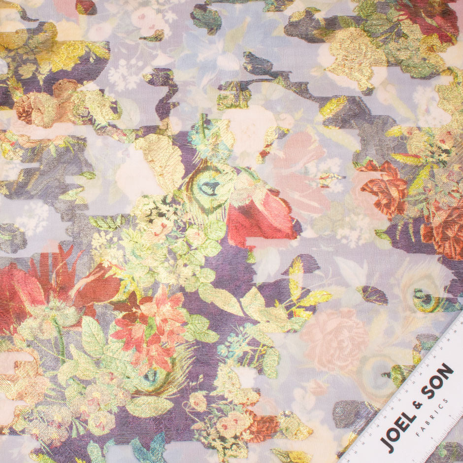 Multi Floral Long Jet Printed Purple Silk Organza