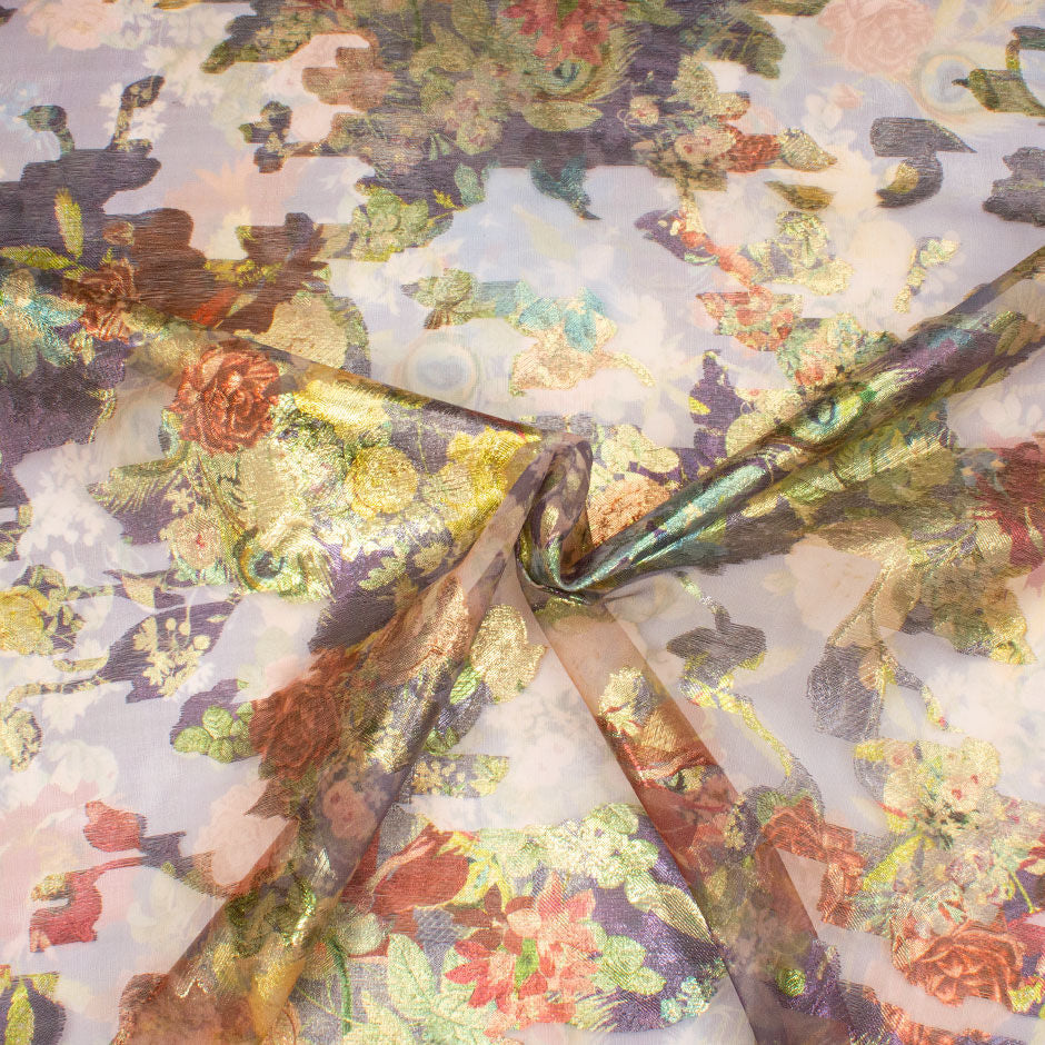 Multi Floral Long Jet Printed Purple Silk Organza