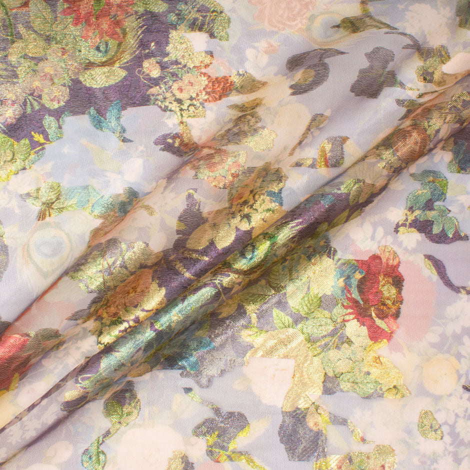 Multi Floral Long Jet Printed Purple Silk Organza