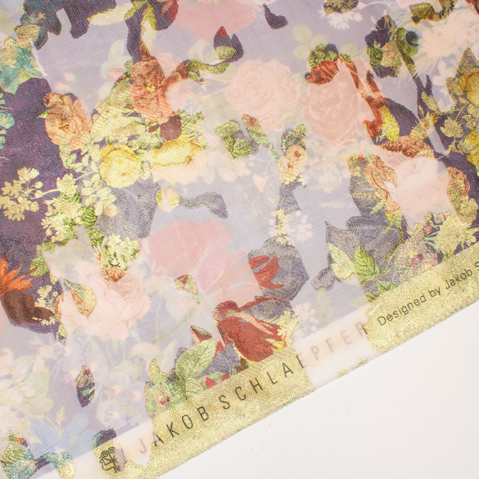 Multi Floral Long Jet Printed Purple Silk Organza