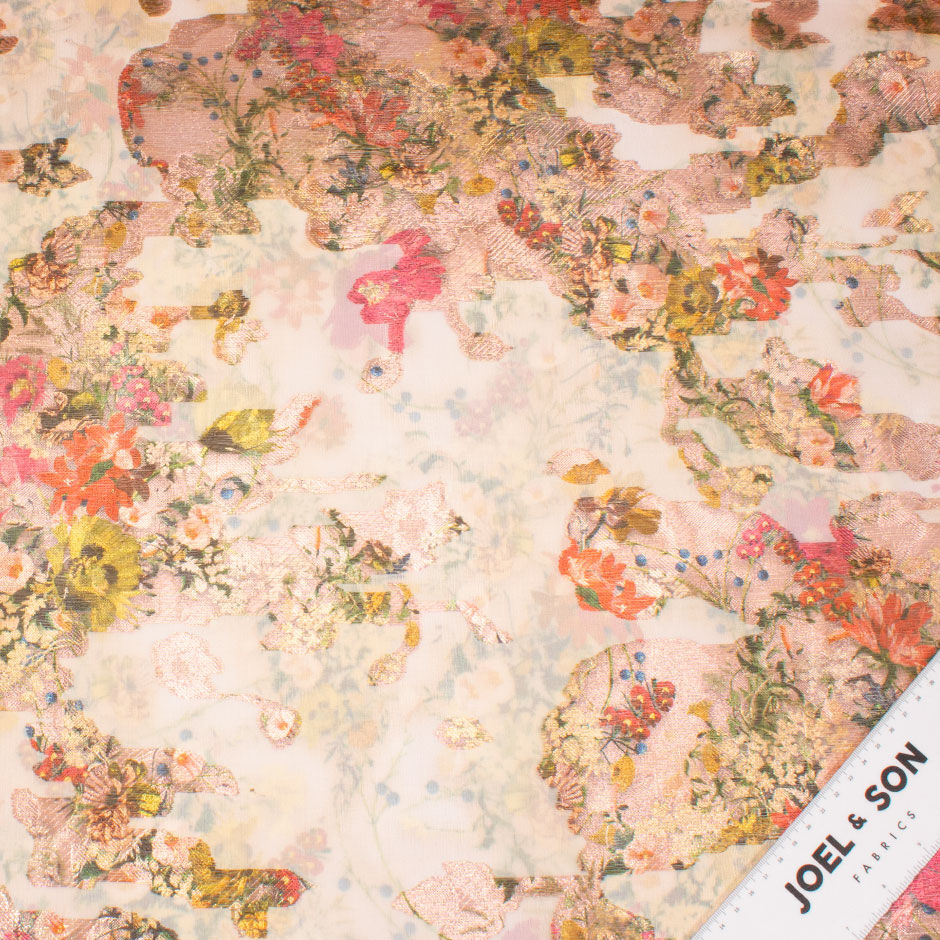 Pink & Orange Floral Long Jet Printed Soft Peach Metallic Silk Organza