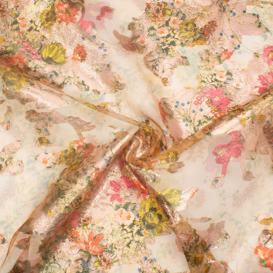 Pink & Orange Floral Long Jet Printed Soft Peach Metallic Silk Organza