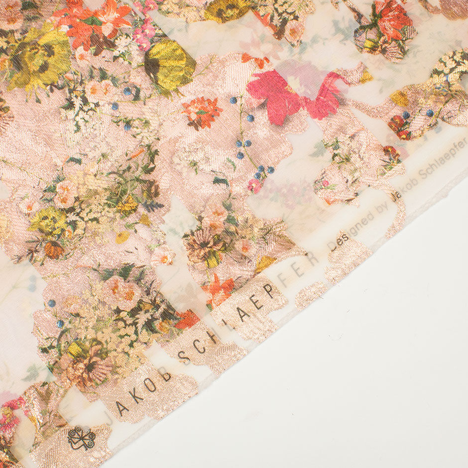 Pink & Orange Floral Long Jet Printed Soft Peach Metallic Silk Organza