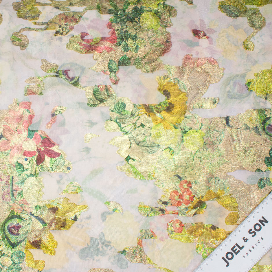 Long Jet Multi-Coloured Floral Metallic Silk Organza