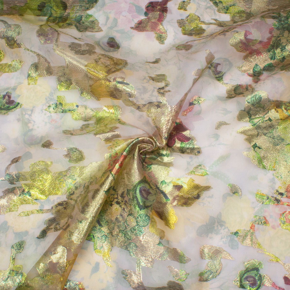 Long Jet Multi-Coloured Floral Metallic Silk Organza