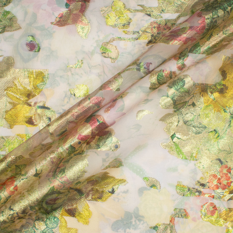 Long Jet Multi-Coloured Floral Metallic Silk Organza