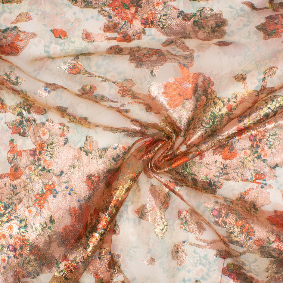 Red & Orange Floral Long Jet Printed Silk Organza