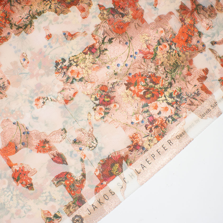 Red & Orange Floral Long Jet Printed Silk Organza