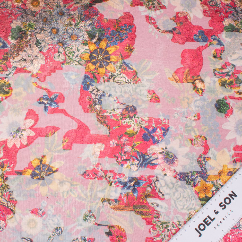 Floral Printed Cherry Red Metallic Long Jet Silk Organza