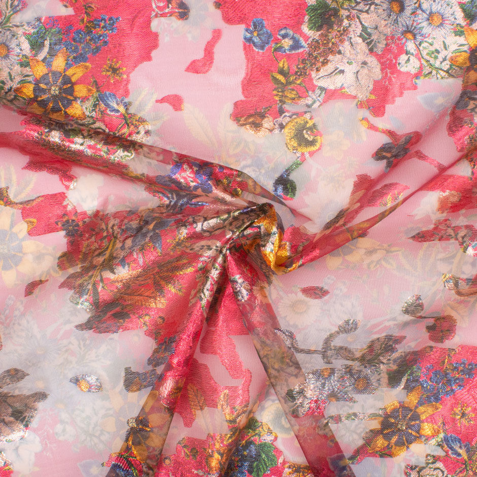 Floral Printed Cherry Red Metallic Long Jet Silk Organza