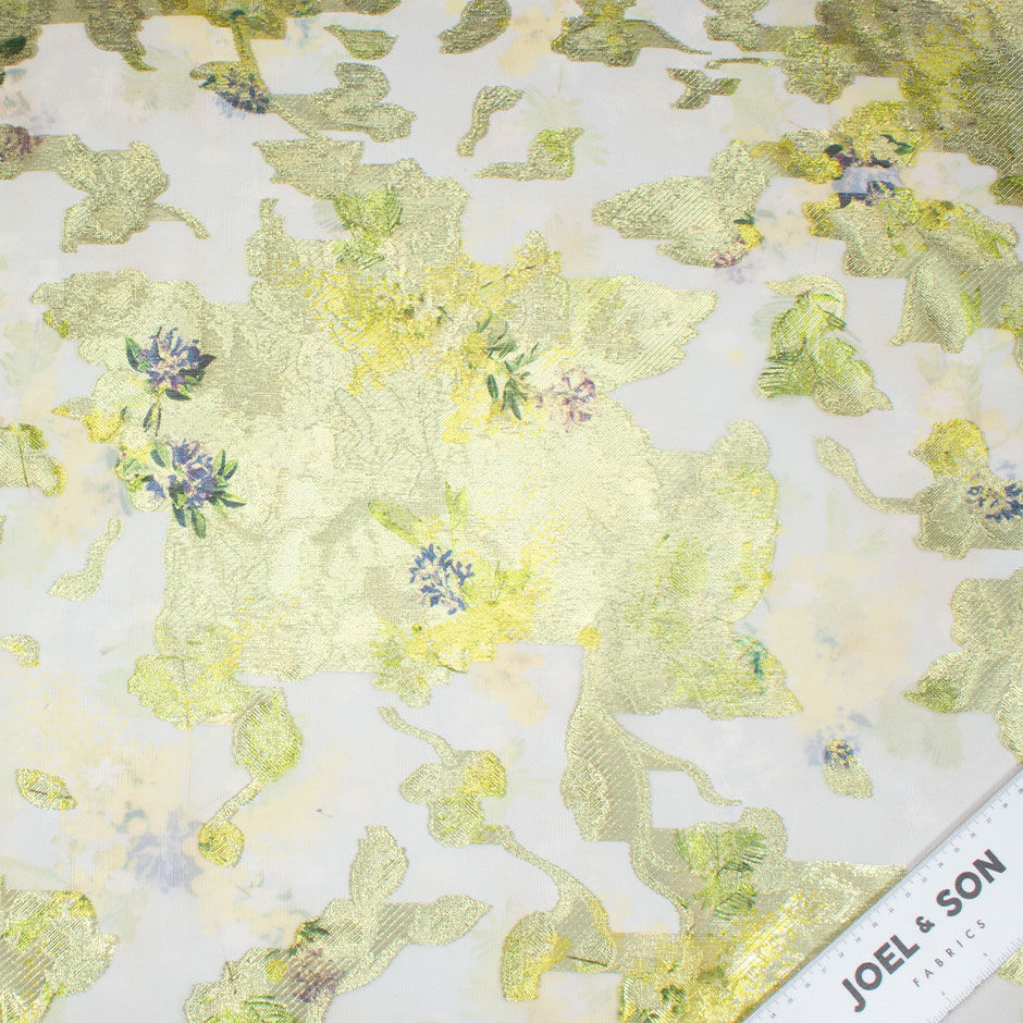 Delicate Long Jet Floral Printed Lime Metallic Organza