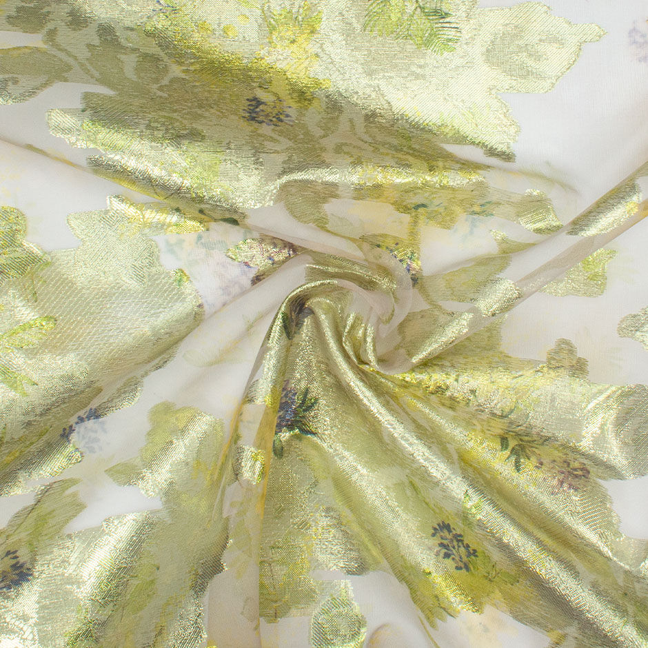 Delicate Long Jet Floral Printed Lime Metallic Organza