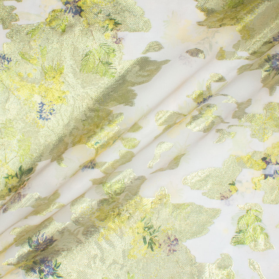 Delicate Long Jet Floral Printed Lime Metallic Organza