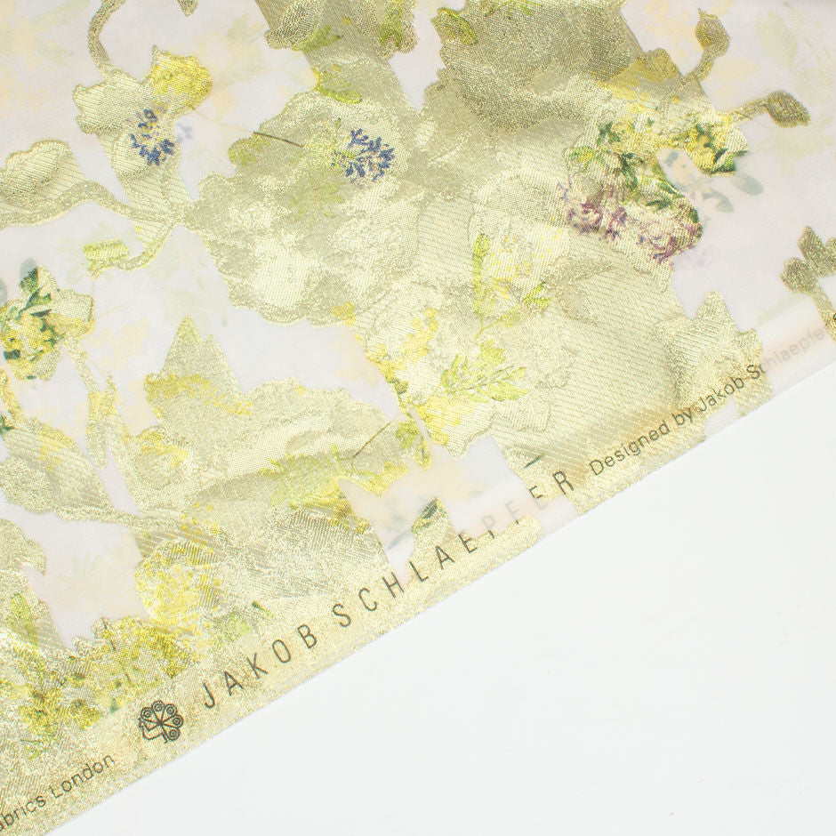 Delicate Long Jet Floral Printed Lime Metallic Organza