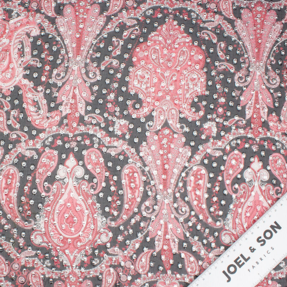 Red Paisley Silver Metallic Black Silk Georgette