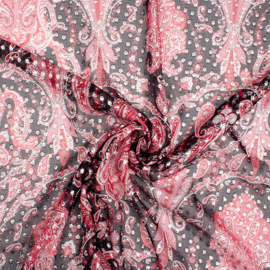 Red Paisley Silver Metallic Black Silk Georgette