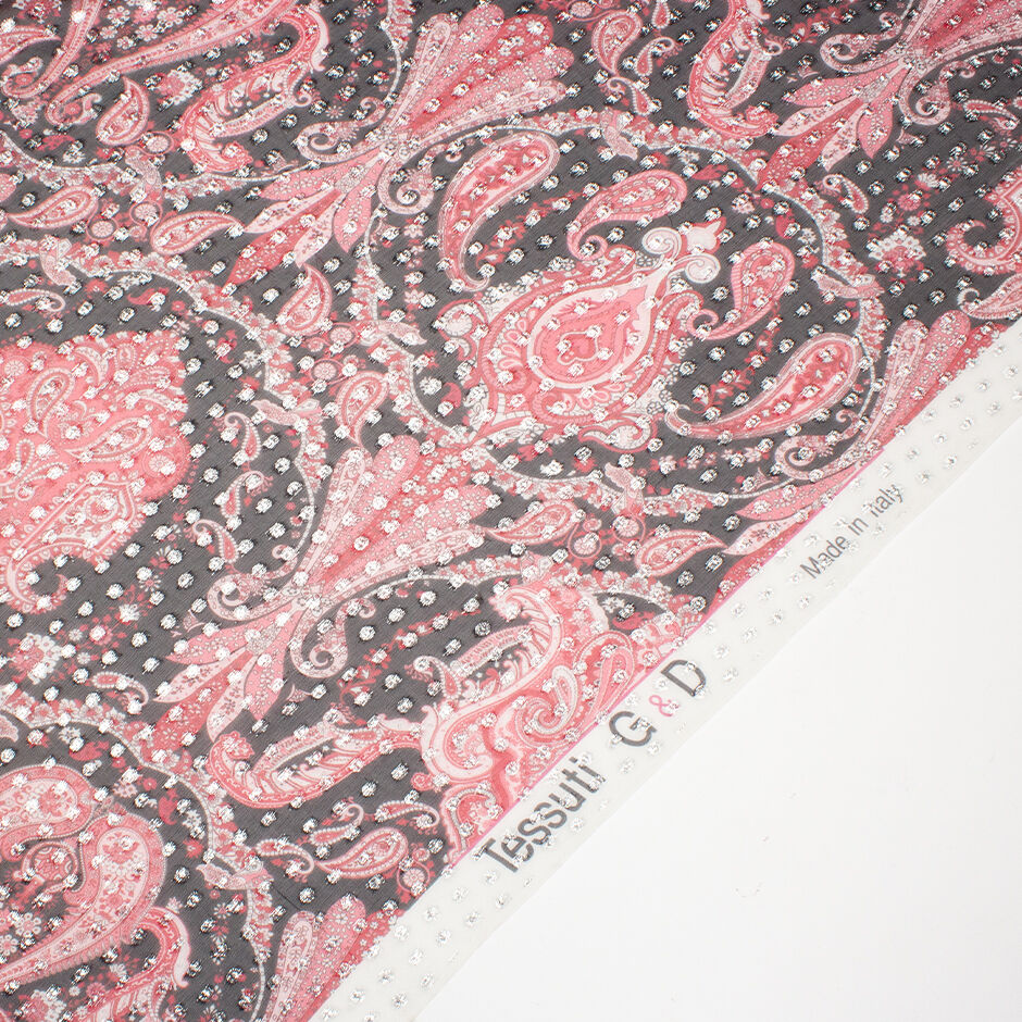 Red Paisley Silver Metallic Black Silk Georgette