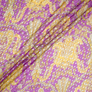 Canary Yellow Paisley Violet Metallic Silk Georgette