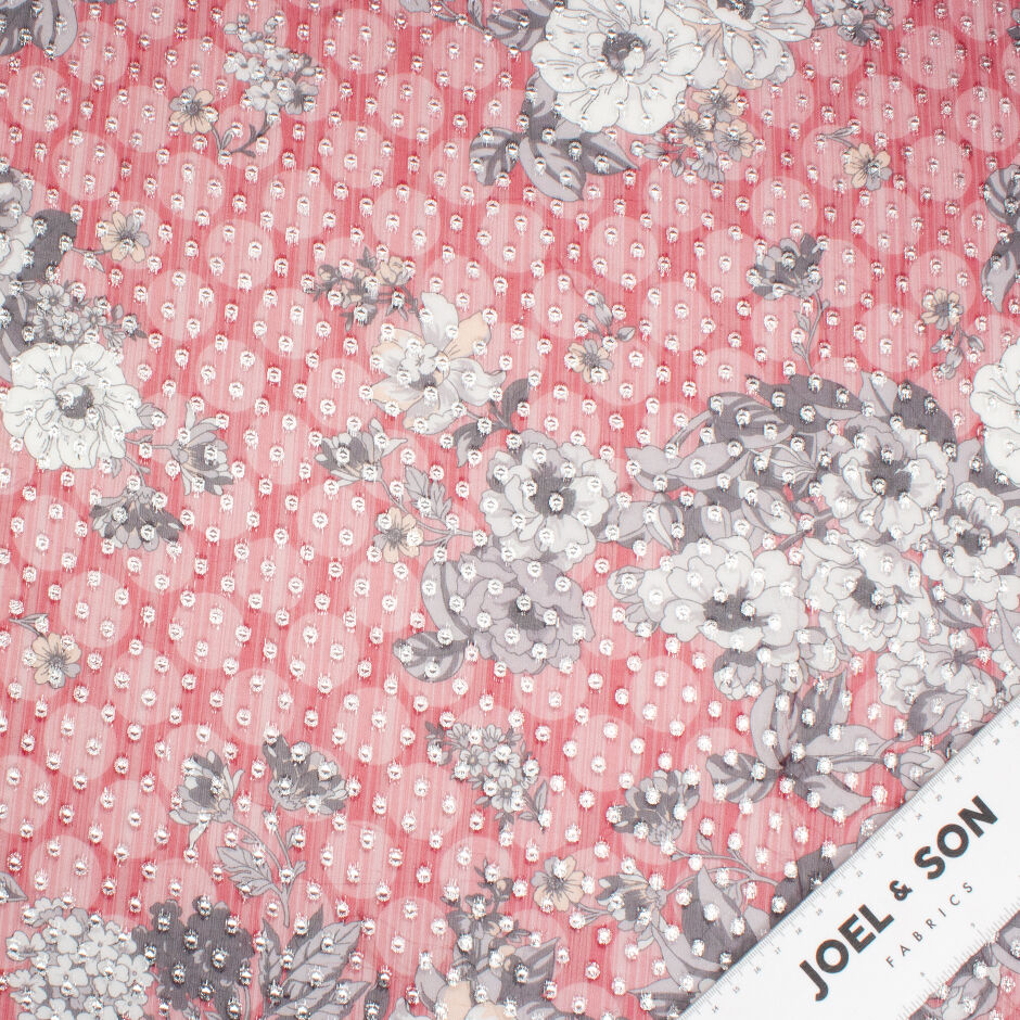 White/Grey Floral Printed Red Metallic Silk Georgette