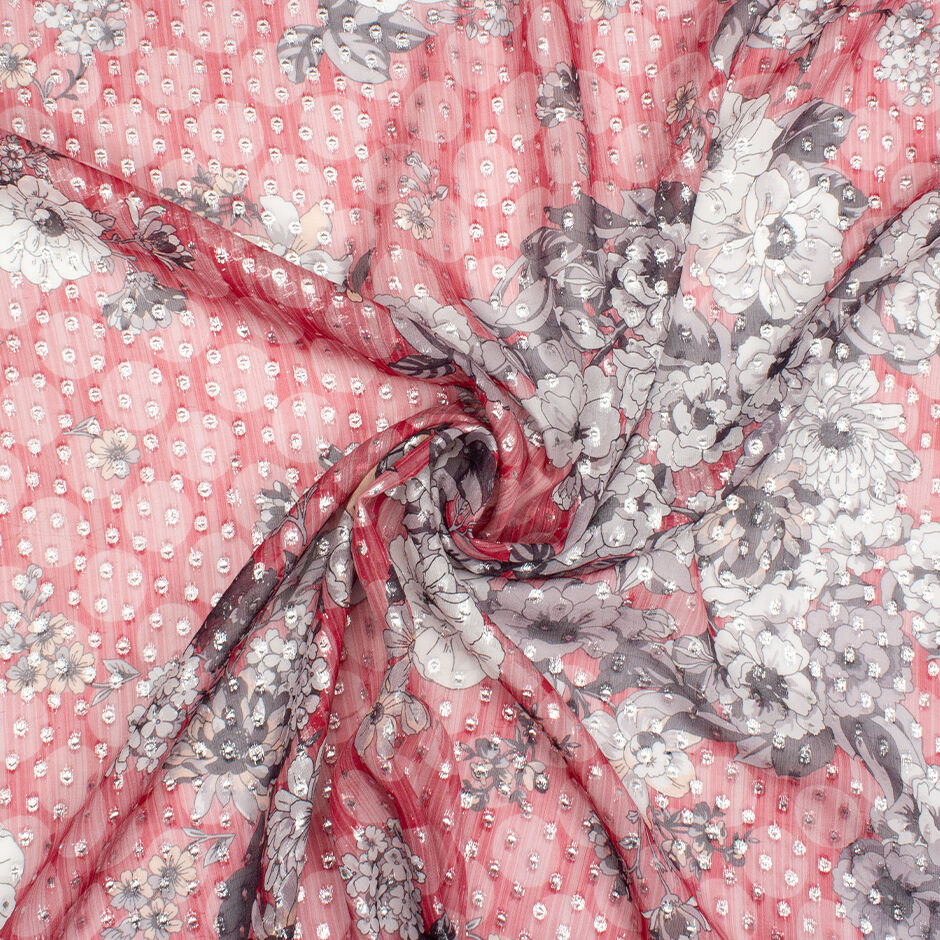 White/Grey Floral Printed Red Metallic Silk Georgette