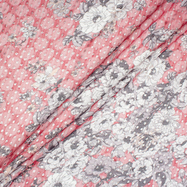 White/Grey Floral Printed Red Metallic Silk Georgette