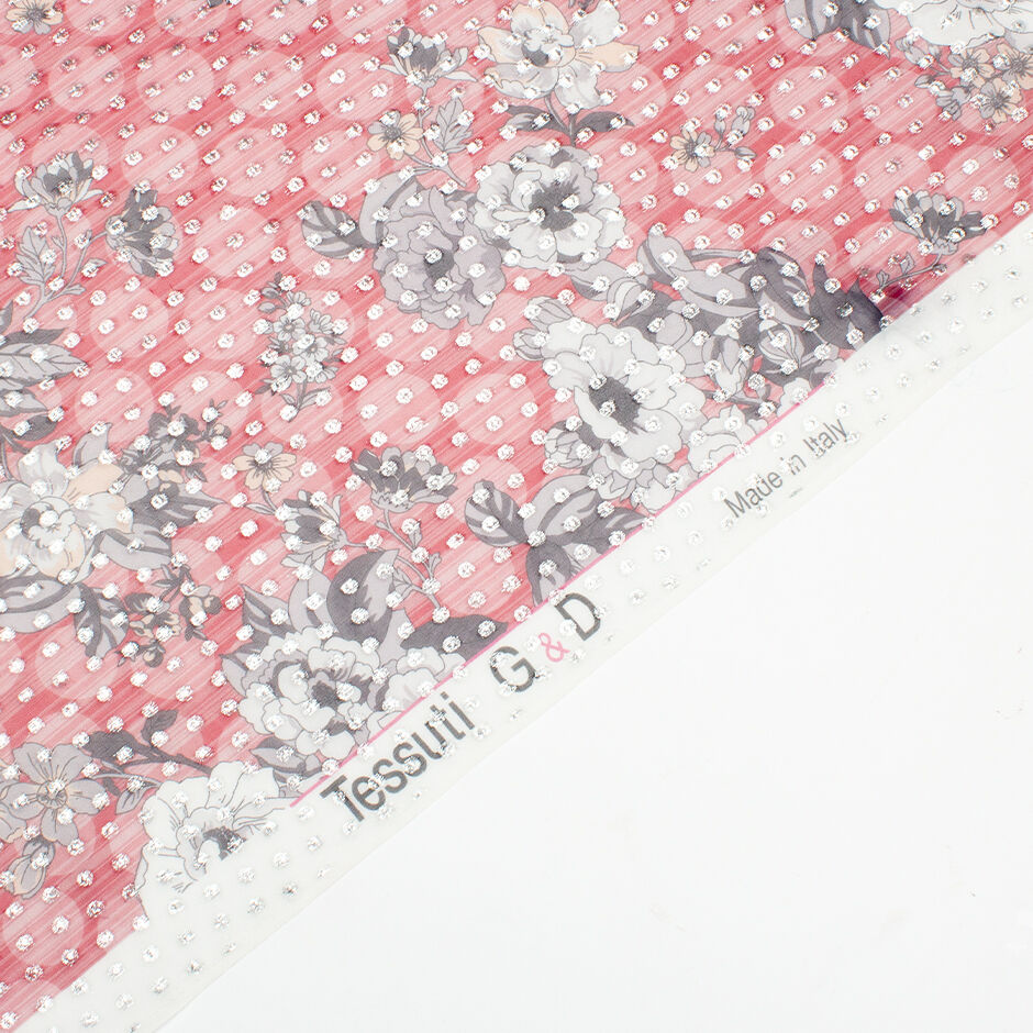 White/Grey Floral Printed Red Metallic Silk Georgette