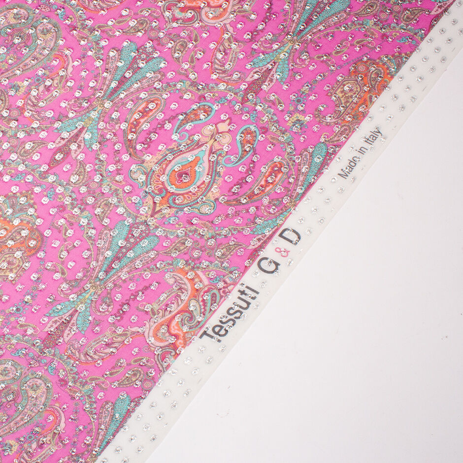 Turquoise Paisley Printed Rich Pink Metallic Silk Georgette