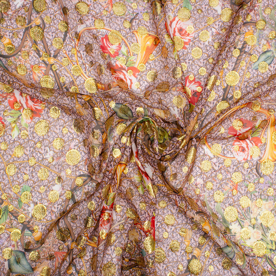 Bold Floral & Ribbon Printed Baby Pink Metallic Silk Georgette