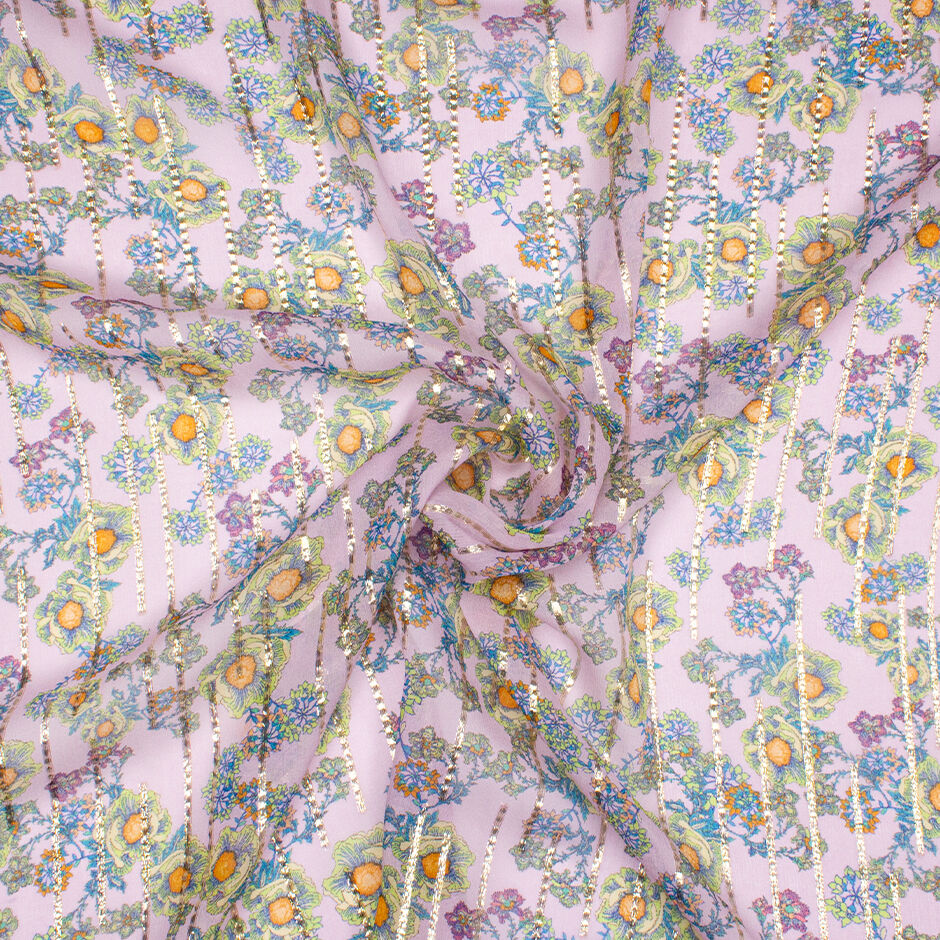 Delicate Floral Printed Soft Pink Metallic Silk Georgette