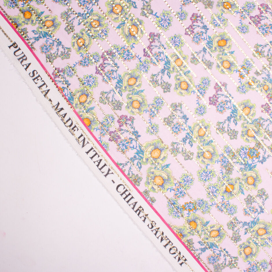 Delicate Floral Printed Soft Pink Metallic Silk Georgette