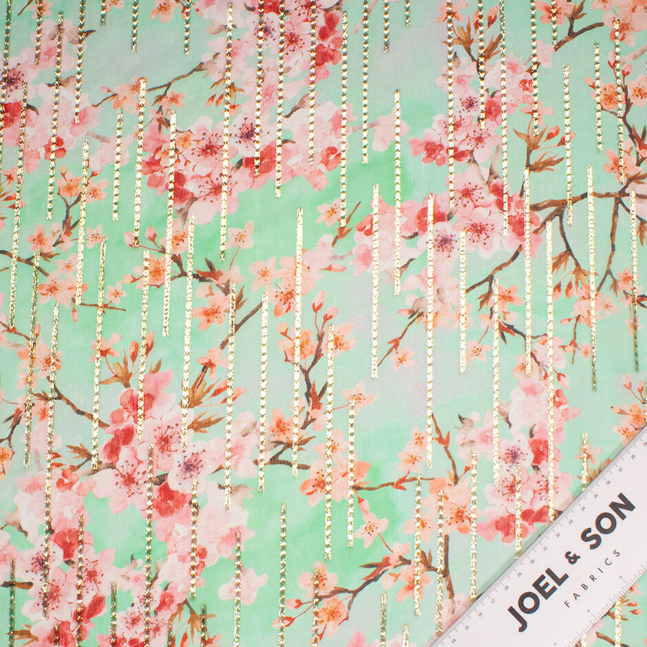 Soft Pink Floral Printed Mint Metallic Silk Georgette