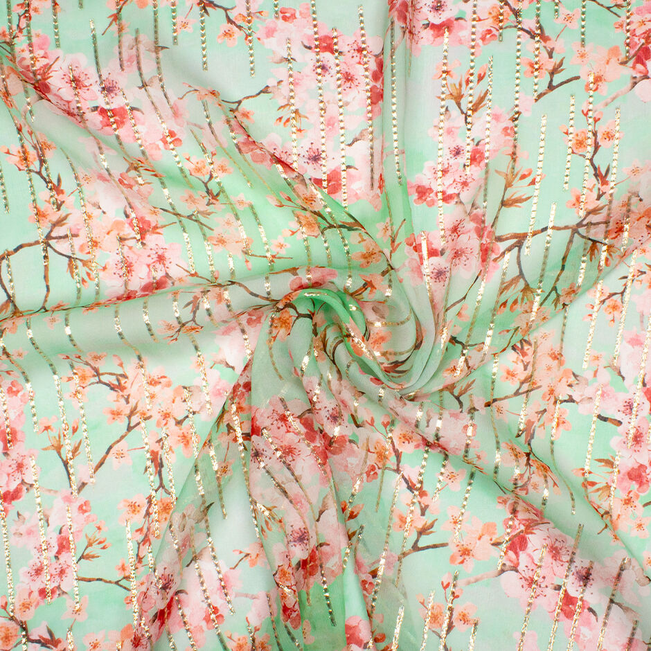 Soft Pink Floral Printed Mint Metallic Silk Georgette
