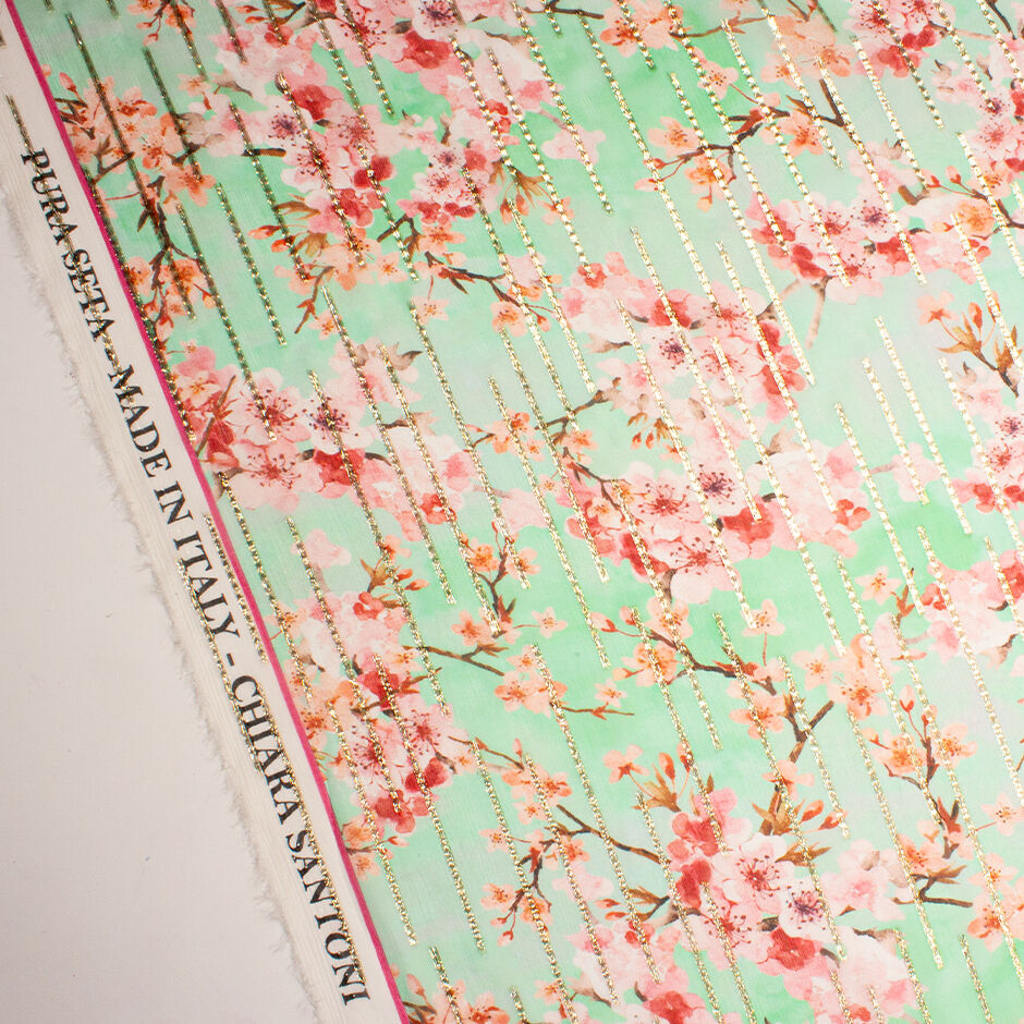 Soft Pink Floral Printed Mint Metallic Silk Georgette
