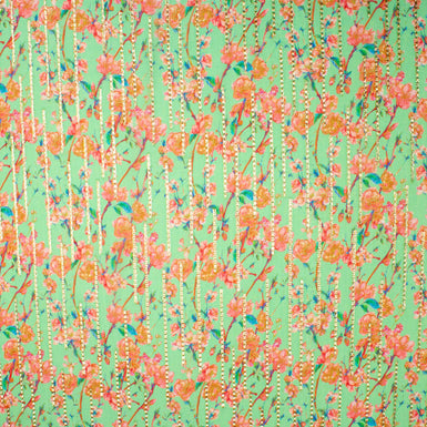 Orange/Pink Floral Printed Rich Green Metallic Silk Georgette