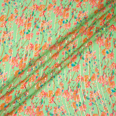 Orange/Pink Floral Printed Rich Green Metallic Silk Georgette