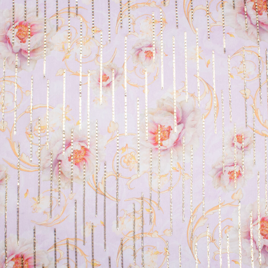 Floral Printed Pale Lavender Metallic Silk Georgette